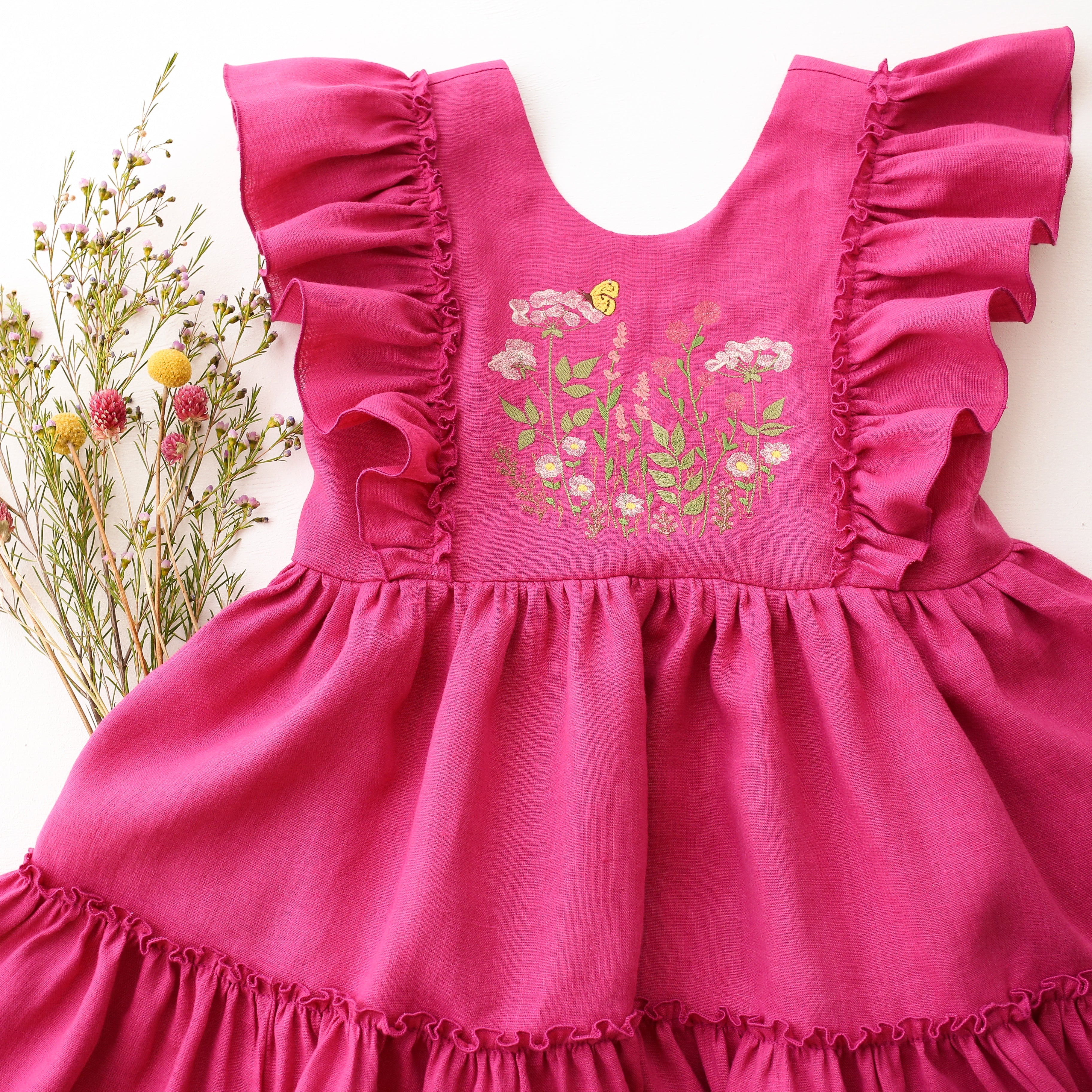 Raspberry Linen Ruffled Front Tiered Dress with “Wildflowers with Butterfly“ Embroidery
