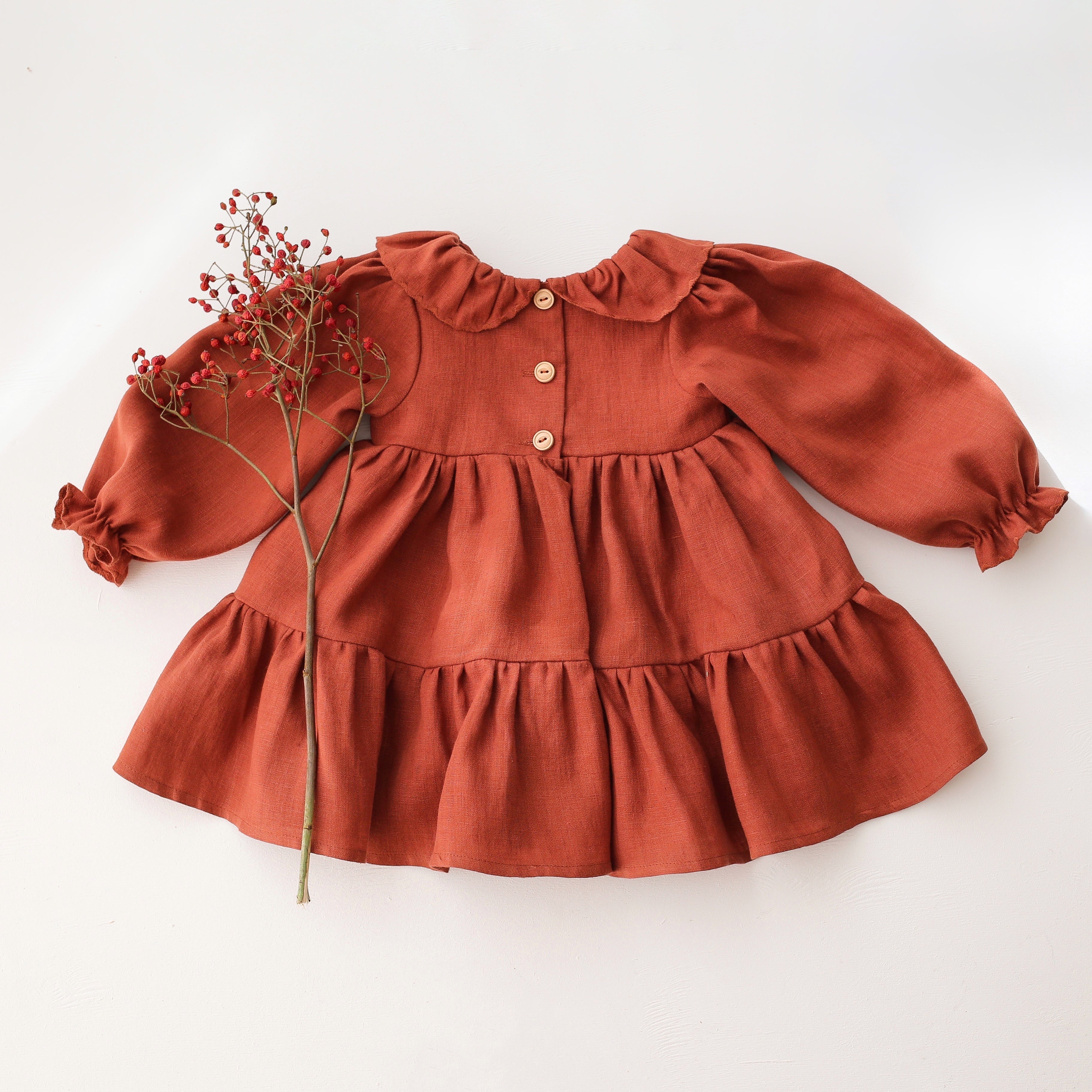 Rust Linen Long Sleeve Peter Pan Collar Tiered Dress