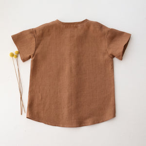 Cocoa Brown Linen Short Sleeve Buttoned Shirt with Pocket with "Mushrooms" Embroidery