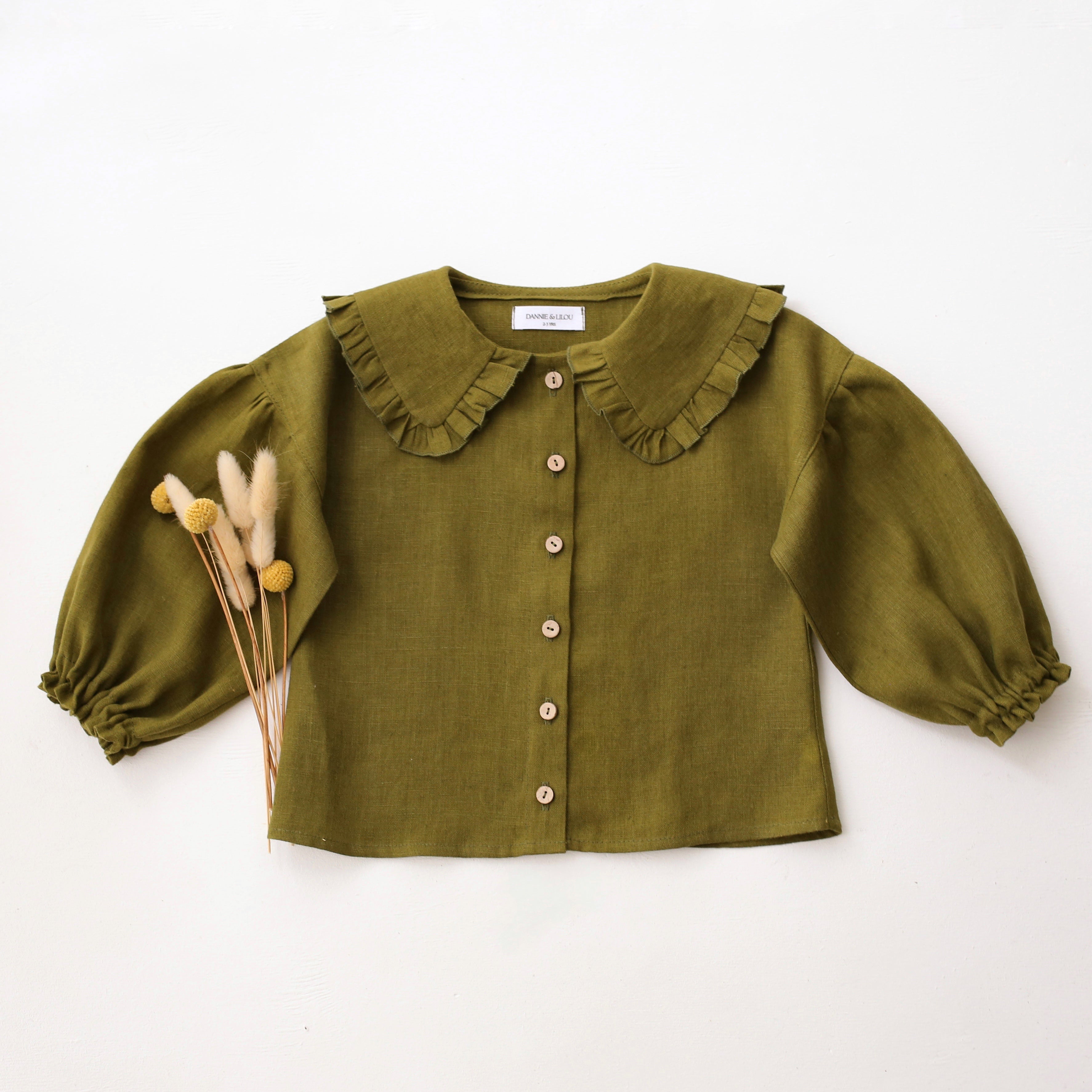 Pine Linen Frilled Collar Bubble Sleeve Blouse