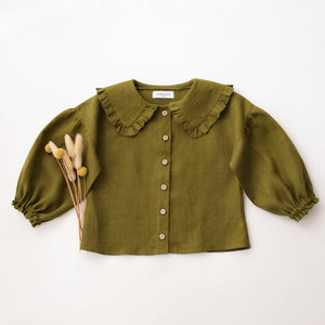 Pine Linen Frilled Collar Bubble Sleeve Blouse