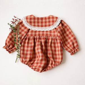 Butternut Check Long Sleeve Pointed Collar Bubble Playsuit with Lace