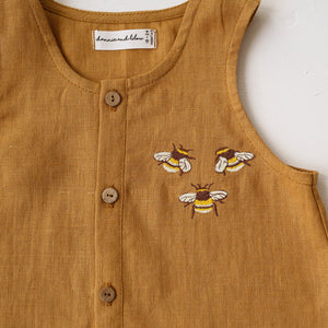 Mustard Linen Short Legs Tank Jumpsuit | “3 Bumblebees” Embroidery