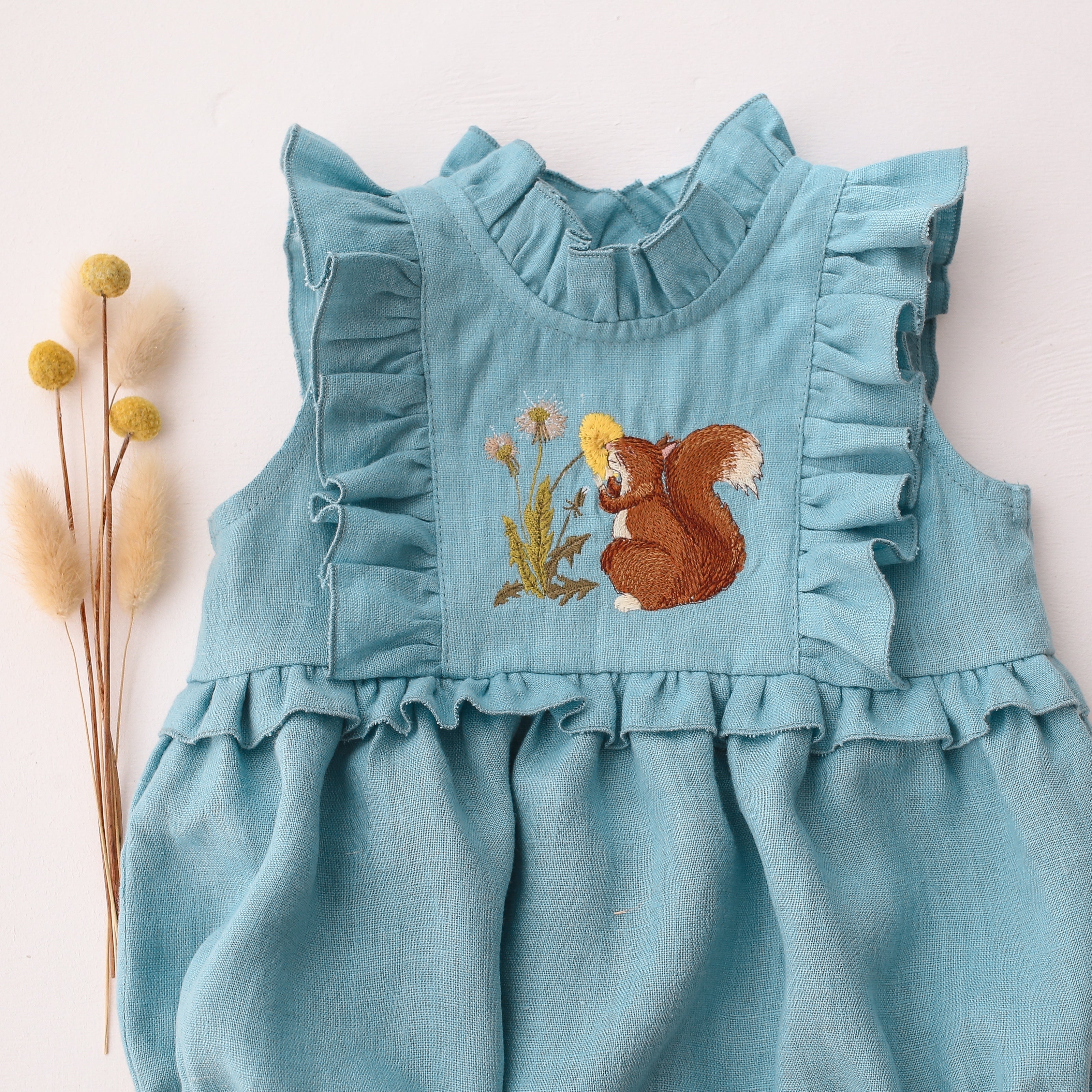 Duck Egg Blue Linen Frills Bodice Bubble Playsuit with “Dandelion & Squirrel” Embroidery
