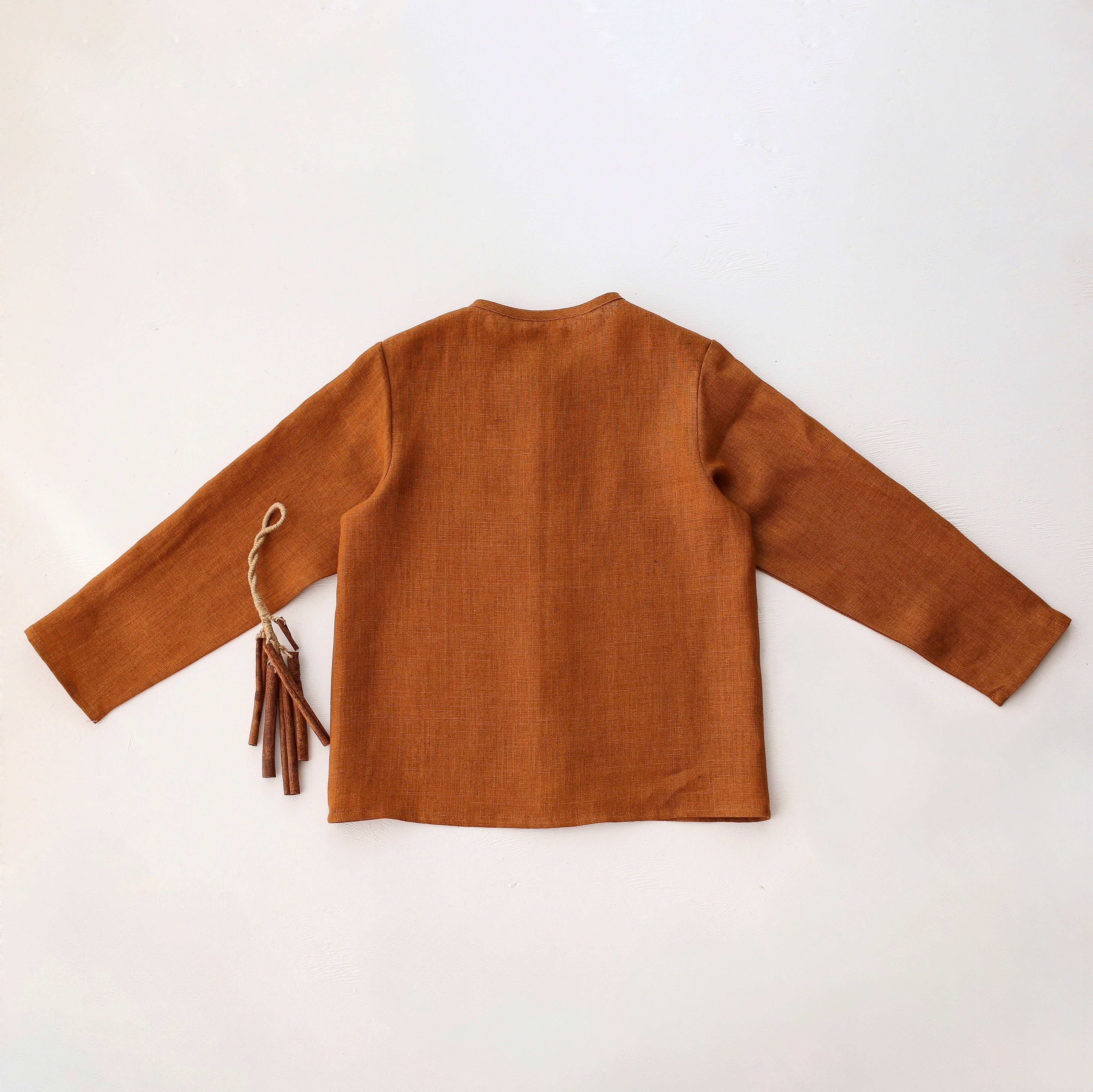 Burnt Orange Linen Long Sleeve Button Front Top with Pocket with "Mini Acorns" Embroidery
