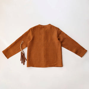 Burnt Orange Linen Long Sleeve Button Front Top with Pocket with "Mini Acorns" Embroidery