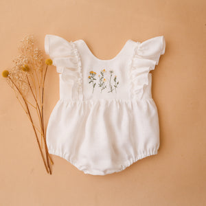 Milk Linen Ruffled Front Bubble Playsuit with “Chamomile Flowers” Embroidery