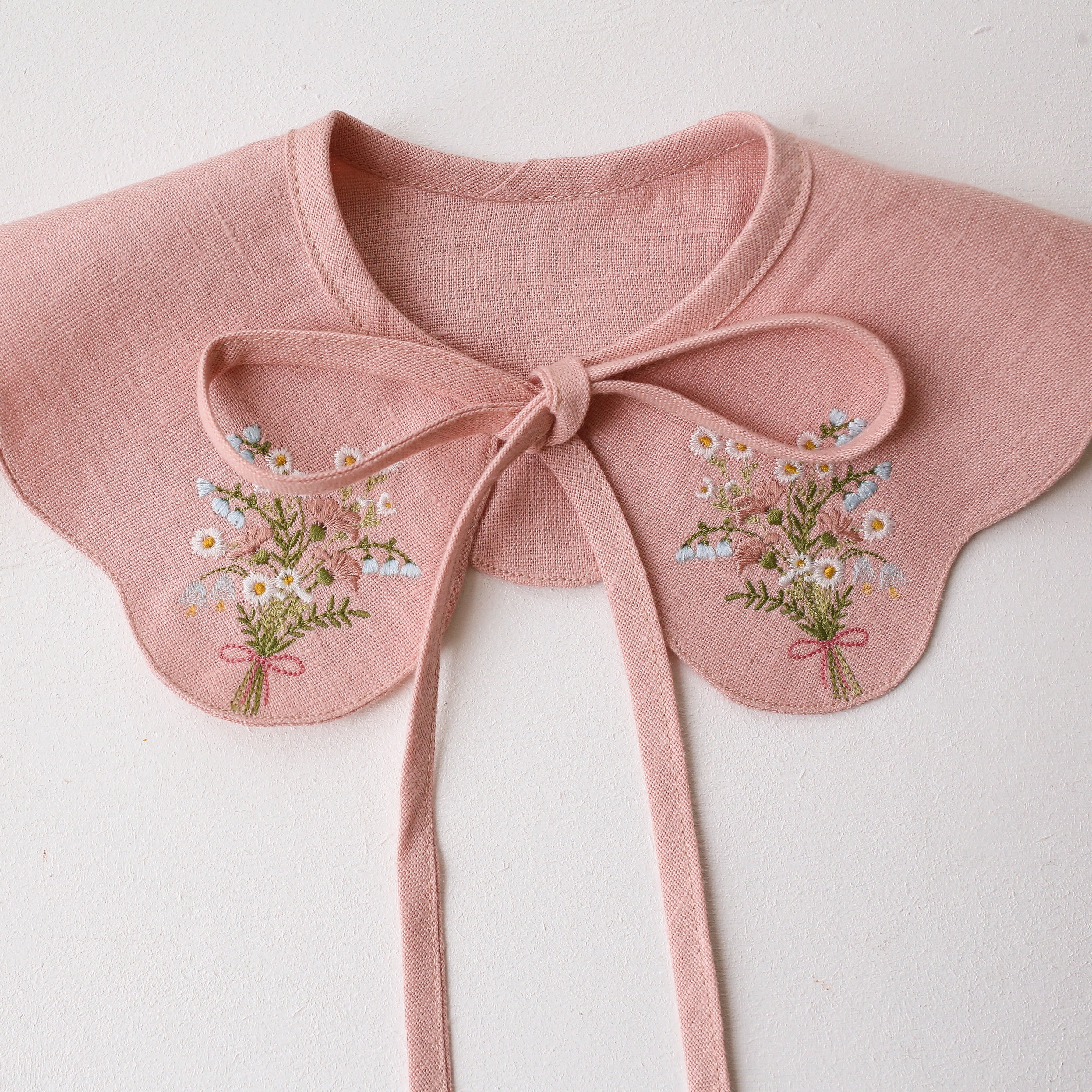 Powder Linen Detachable Petal Collar with “Daisy Bouquet” Embroidery