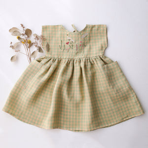 Green Gingham Linen Dolman Style Dress with “Meadow Flowers with Bee” Embroidery