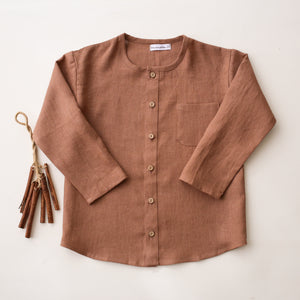 Cocoa Brown Linen Long Sleeve Buttoned Shirt with Pocket