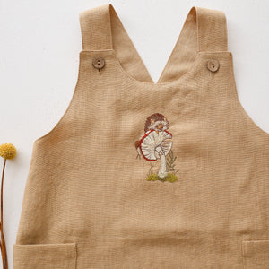 Melon Linen Button Front Jumpsuit with “Hedgehog on Toadstool” Embroidery