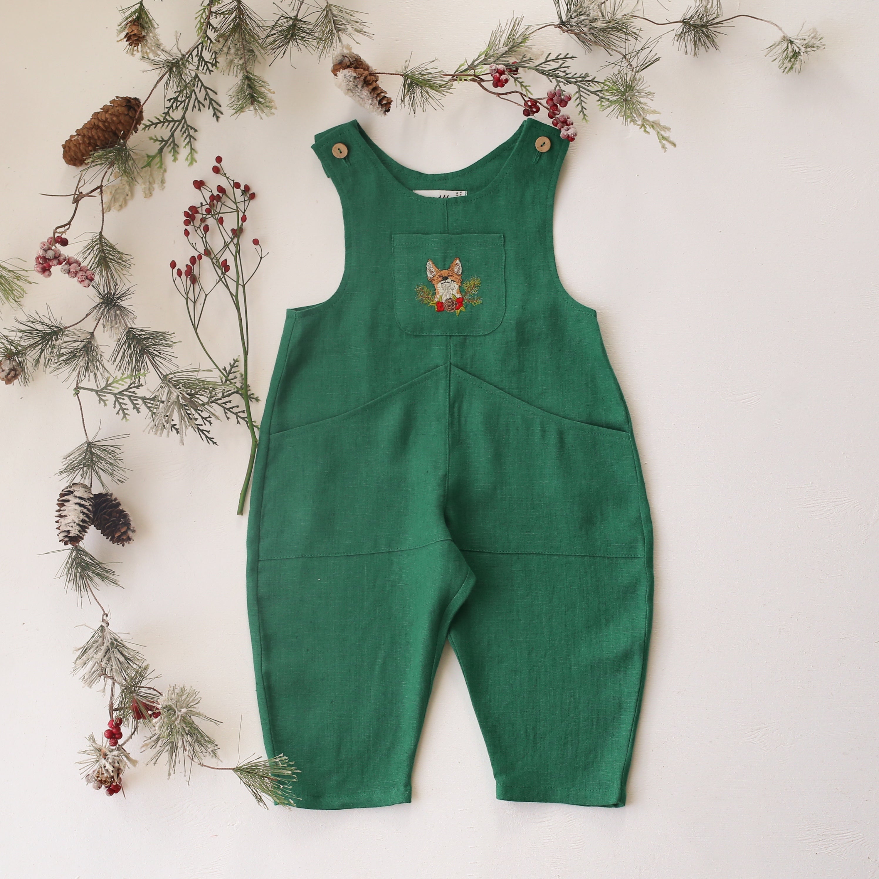 Emerald Green Linen Oversized Look Overalls with "Christmas Fox" Embroidery