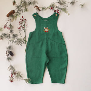 Emerald Green Linen Oversized Look Overalls with "Christmas Fox" Embroidery