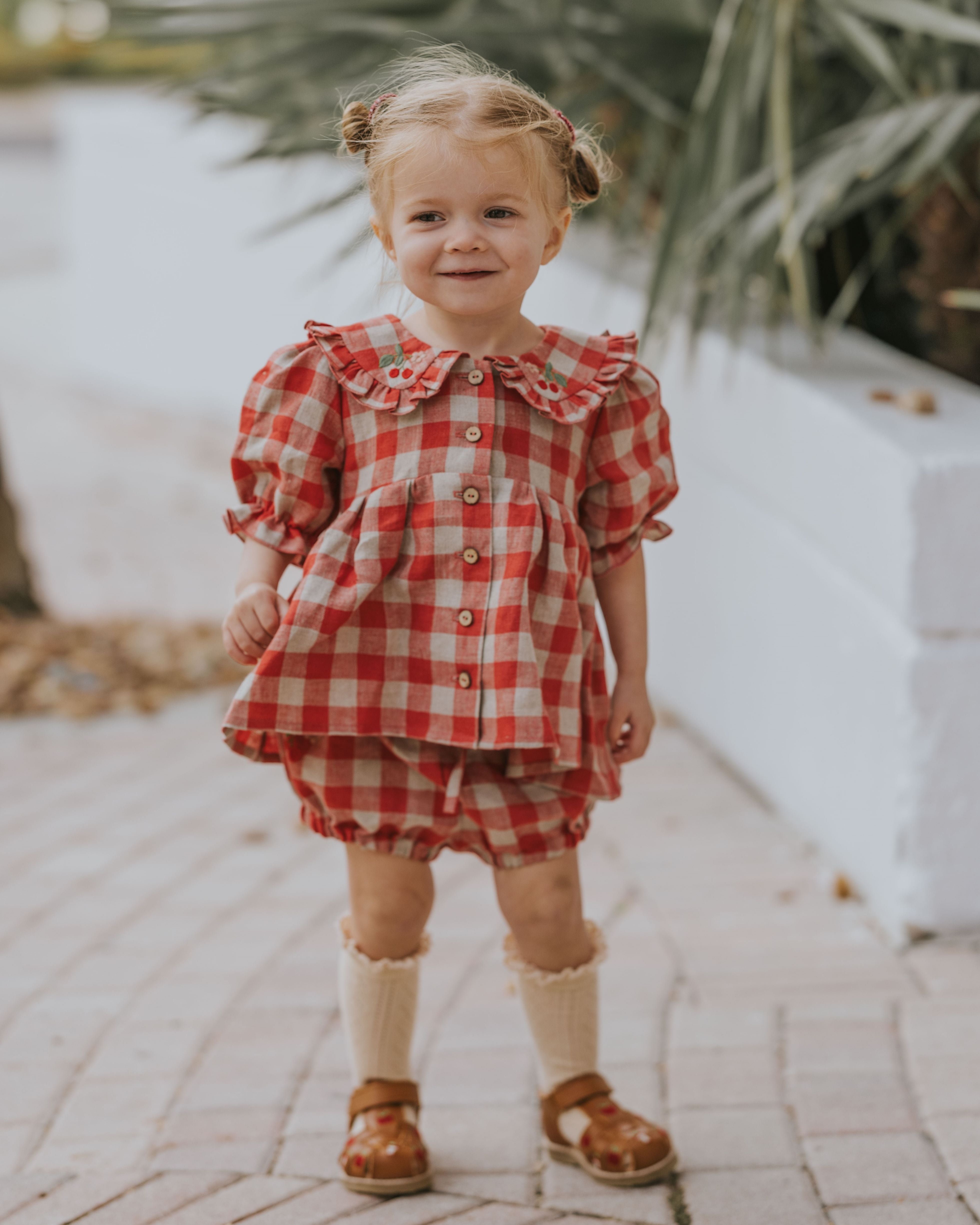 Cherry Check Linen Short Sleeve Frilled Collar & Curved Bodice Blouse with "Cherry" Embroidery