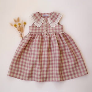 Blush & Cream Gingham Linen Pointed Collar Dress with Lace