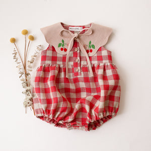 Cherry Check Linen Bubble Playsuit with Petal Collar in Beige Linen with "Cherry" Embroidery