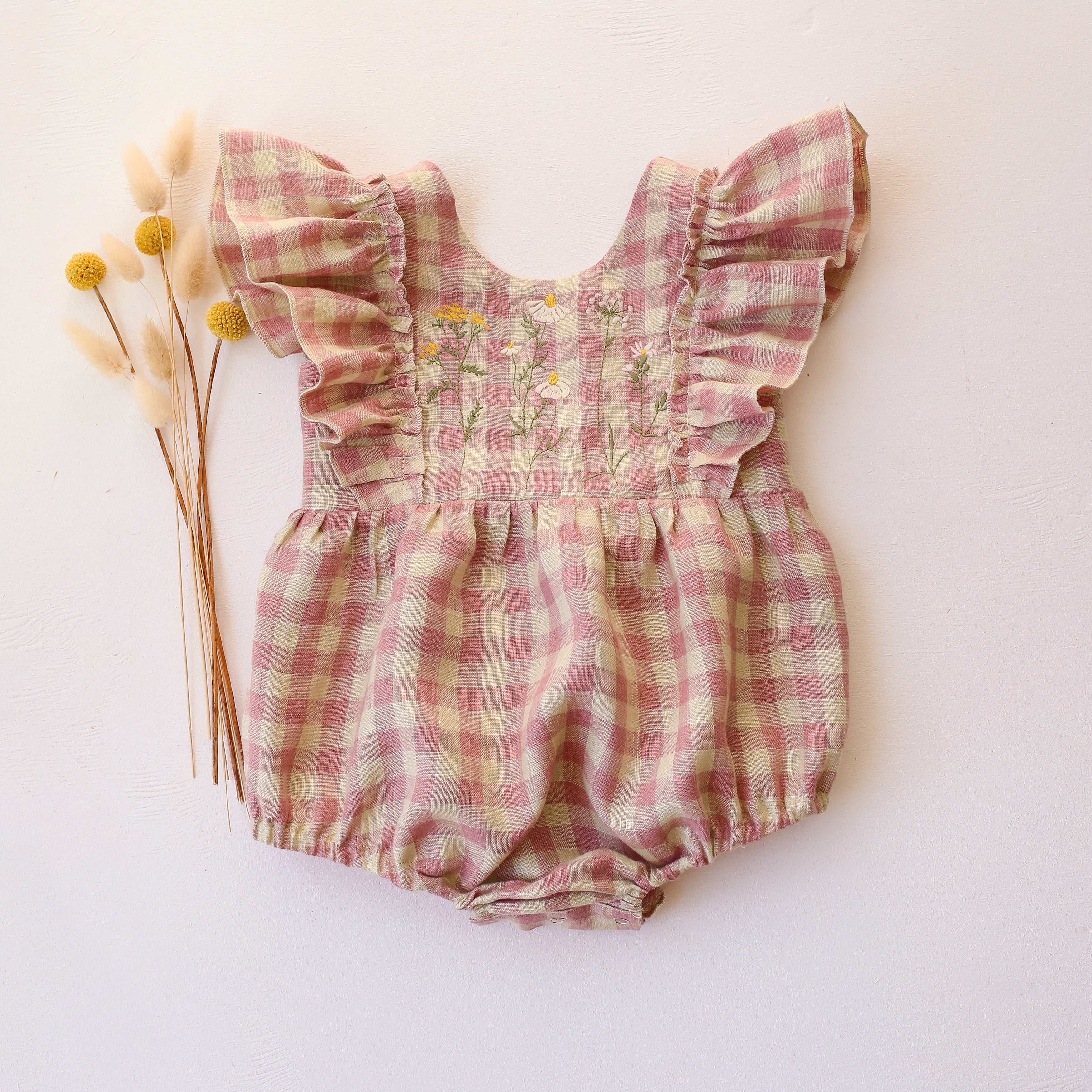 Blush & Cream Gingham Linen Ruffled Front Bubble Playsuit with “Chamomile Flowers” Embroidery