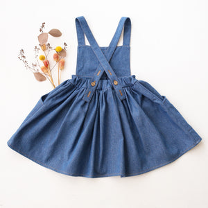 Dark Blue Denim Buttoned Pinafore Skirt with “Berry Branch” Embroidery