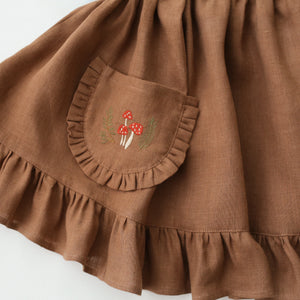 Cocoa Brown Linen Straps Pinafore with Frills with “Tiny Mushrooms” Embroidery