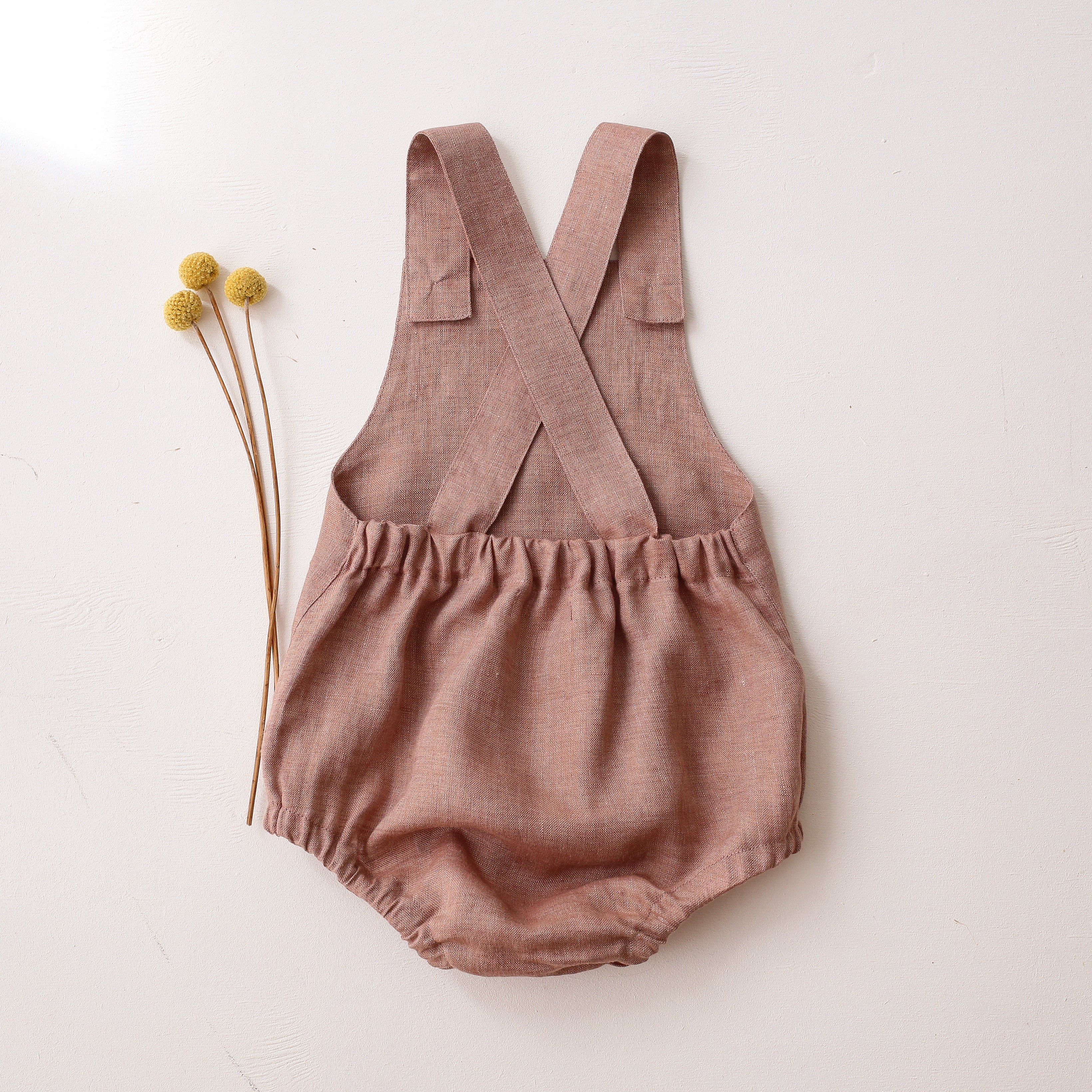 Rose Smoke Linen Front Pocket Straps Romper with "Bumblebee" Embroidery