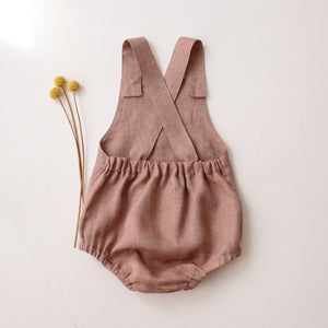 Rose Smoke Linen Front Pocket Straps Romper with "Bumblebee" Embroidery