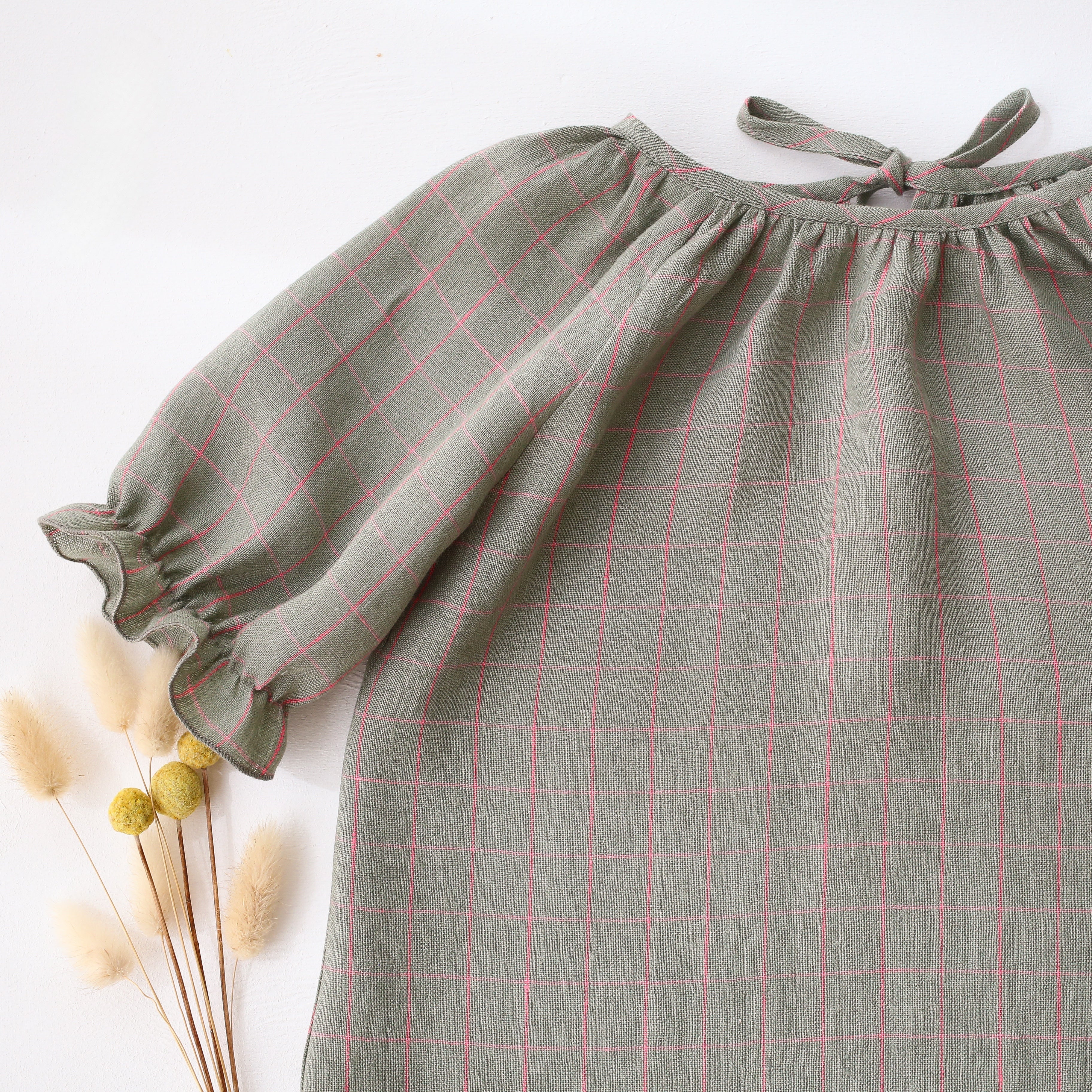 Mint & Pink Gingham Linen Tie Back Short Sleeve Tie Back Blouse