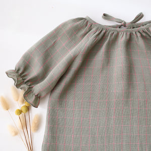 Mint & Pink Gingham Linen Tie Back Short Sleeve Tie Back Blouse
