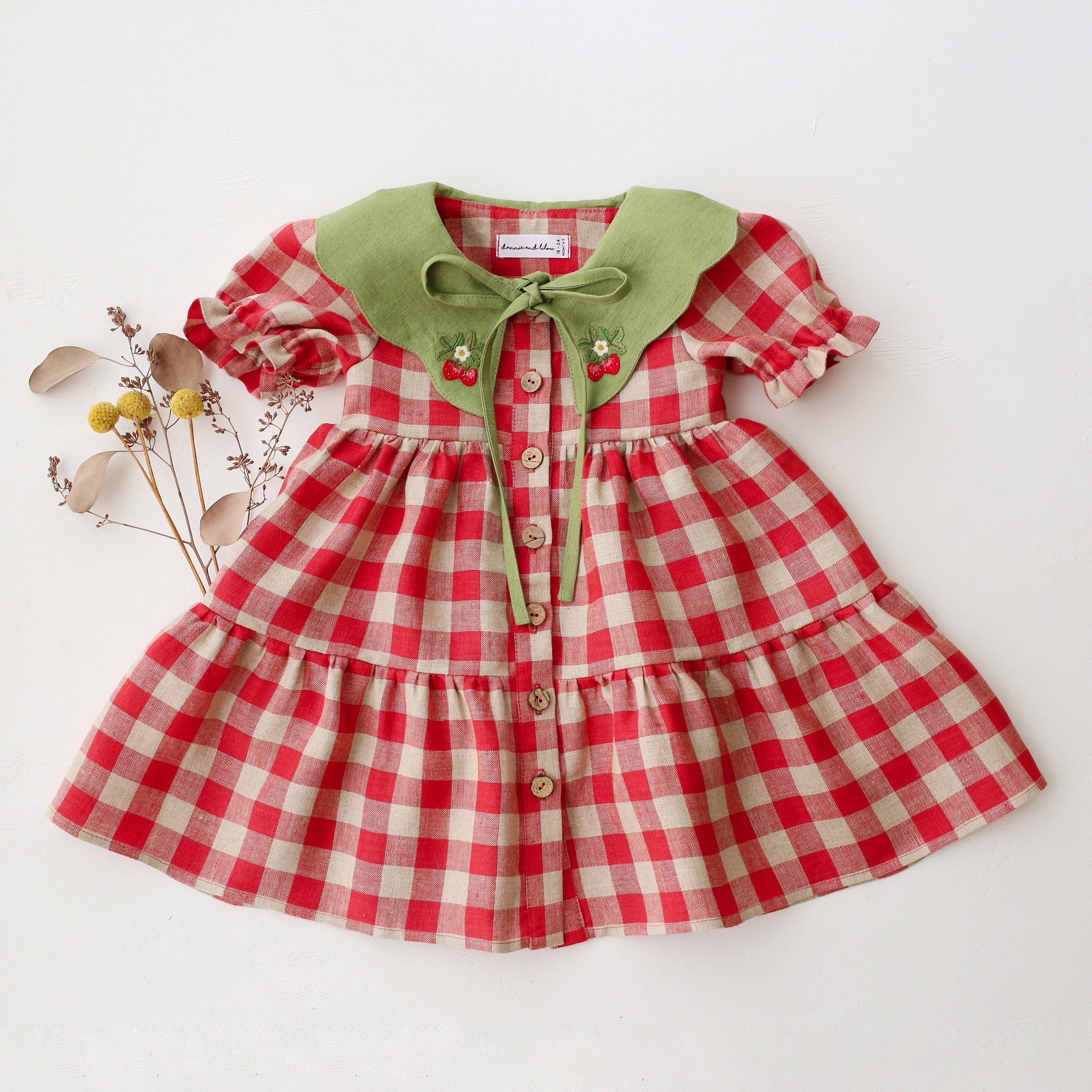 Cherry Check Linen Short Sleeve Tiered Dress with Scalloped Collar in Meadow Green Linen with "Strawberry" Embroidery