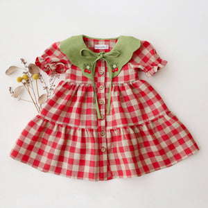 Cherry Check Linen Short Sleeve Tiered Dress with Scalloped Collar in Meadow Green Linen with "Strawberry" Embroidery
