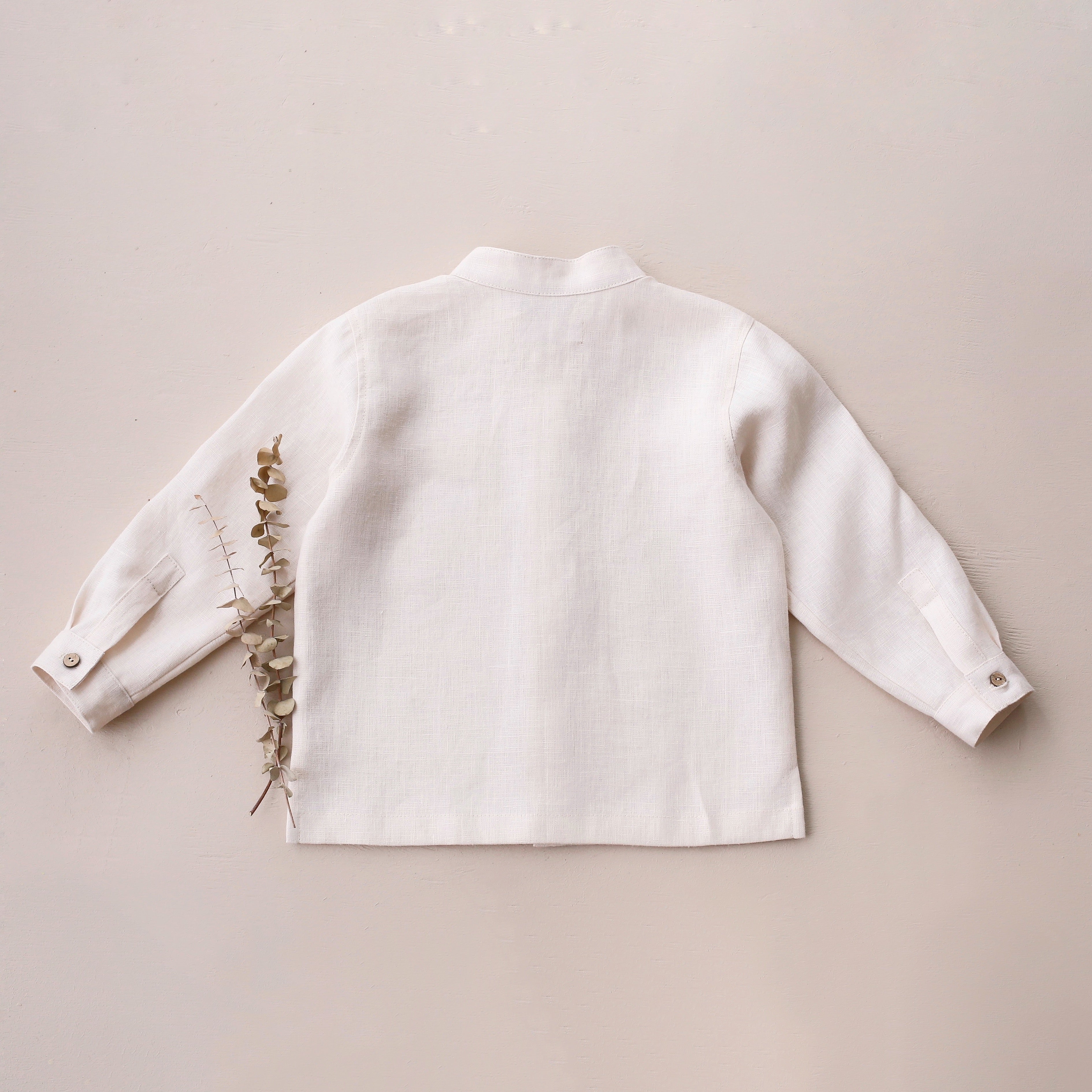 Ivory Linen Long Sleeve Shirt with Band Collar and "Pinecone Branch" Embroidery