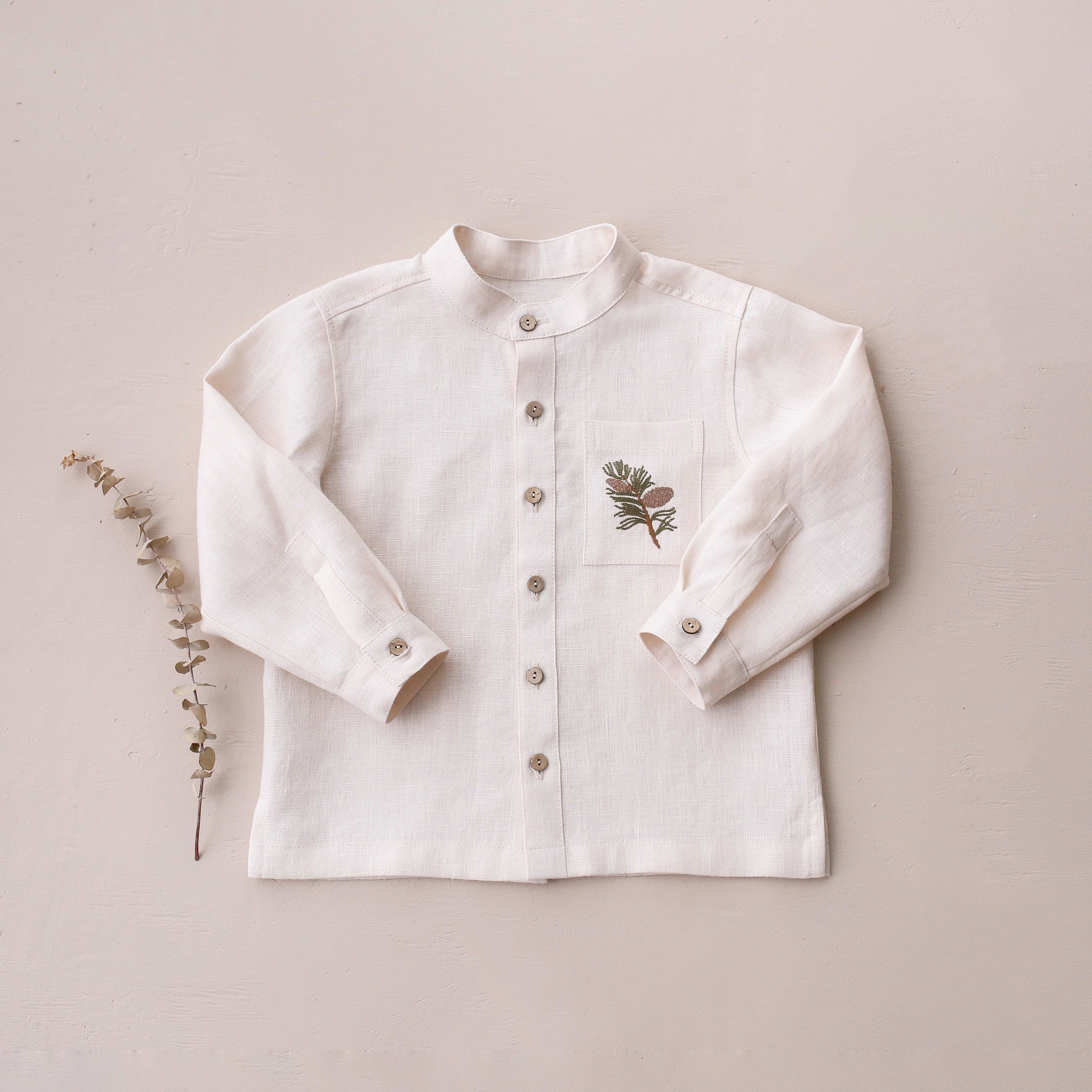Ivory Linen Long Sleeve Shirt with Band Collar and "Pinecone Branch" Embroidery