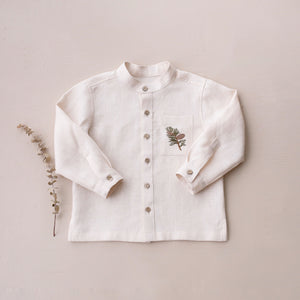 Ivory Linen Long Sleeve Shirt with Band Collar and "Pinecone Branch" Embroidery
