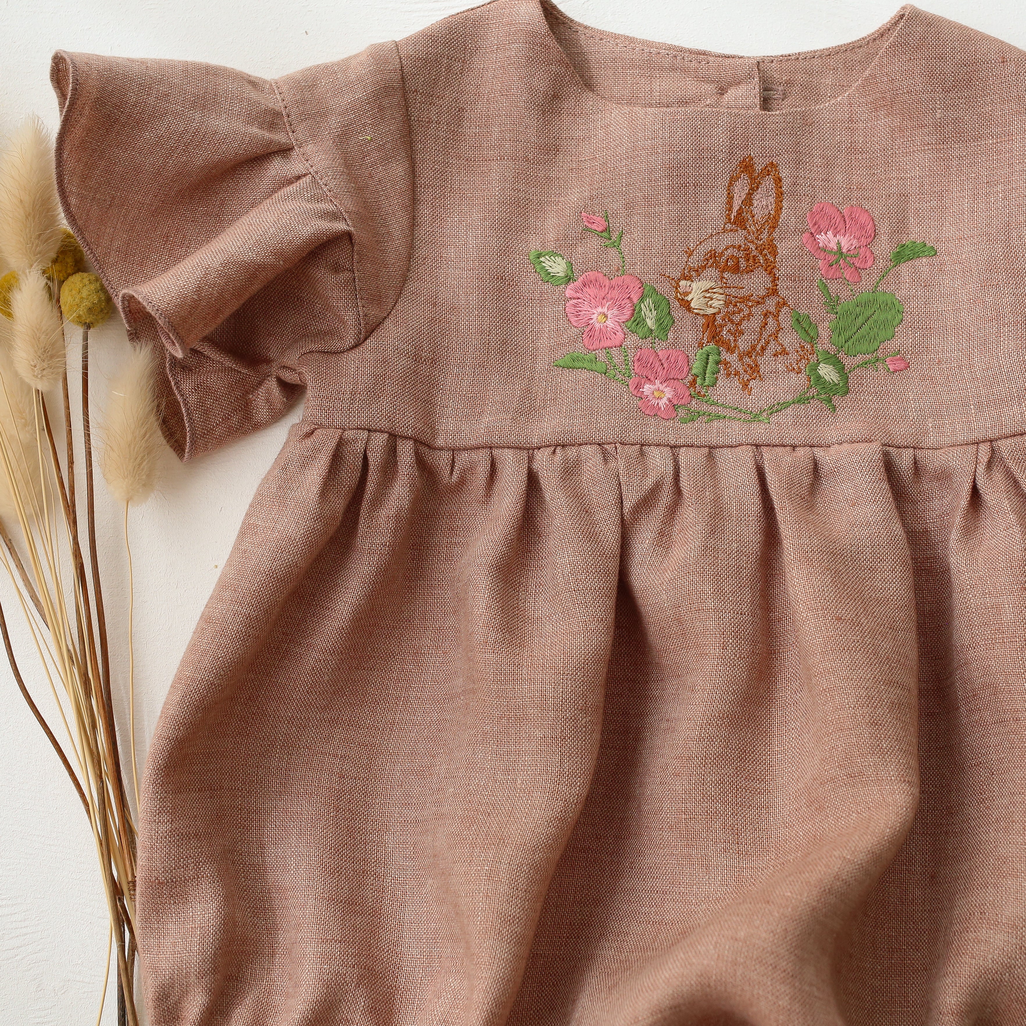 Rose Smoke Linen Flounce Sleeve Bubble Playsuit with “Bunny in Flowers” Embroidery