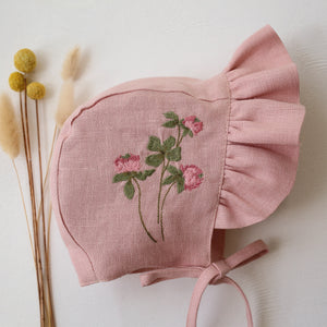 Powder Linen Ruffle Brimmed Bonnet with “Clover Flower” Embroidery