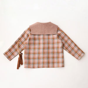 Hazel Rose Check Linen Long Sleeve Button Front Top with Square Collar in Rose Smoke Linen