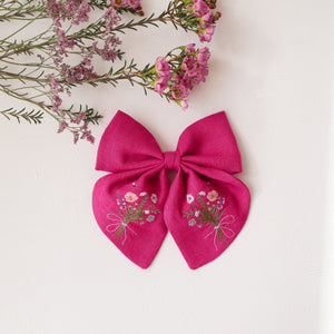 Embroidered Hair Bow with "Honeybee Bouquet" Embroidery in Raspberry Linen