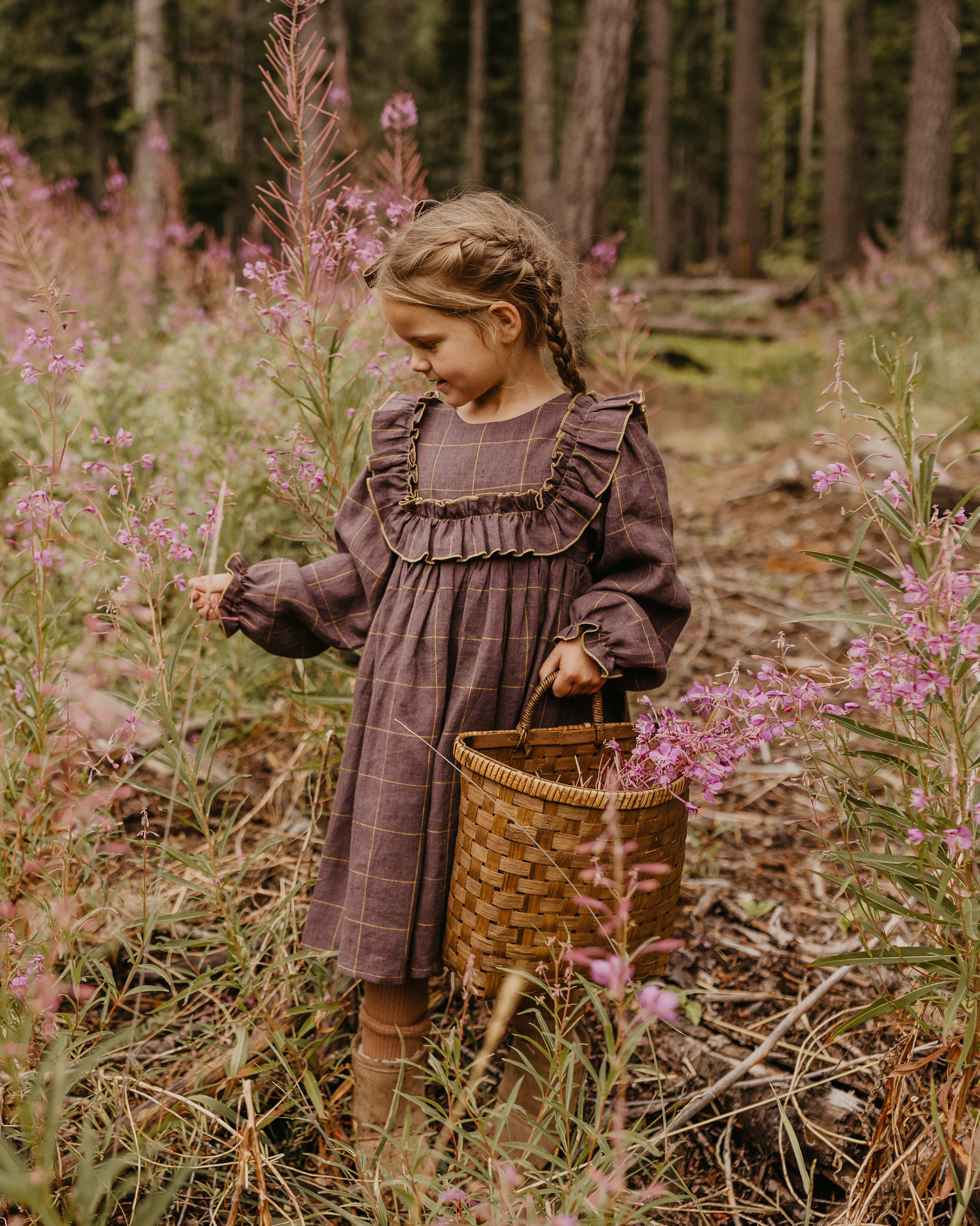 Rosewood Linen Long Sleeve Dress with Wide Bodice Ruffle