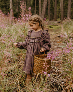 Rosewood Linen Long Sleeve Dress with Wide Bodice Ruffle