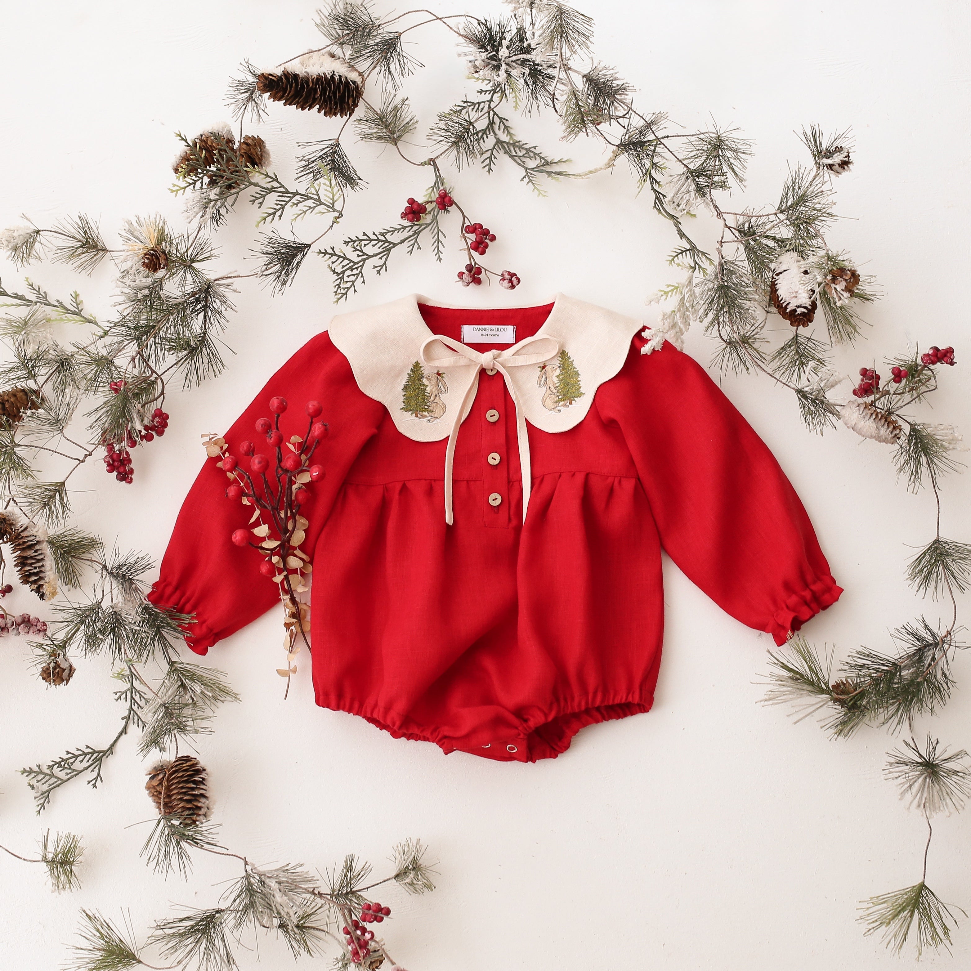 Scarlet Red Linen Long Sleeve Bubble Playsuit with Petal Collar in Ivory Linen with "Christmas Tree & Bunny” Embroidery