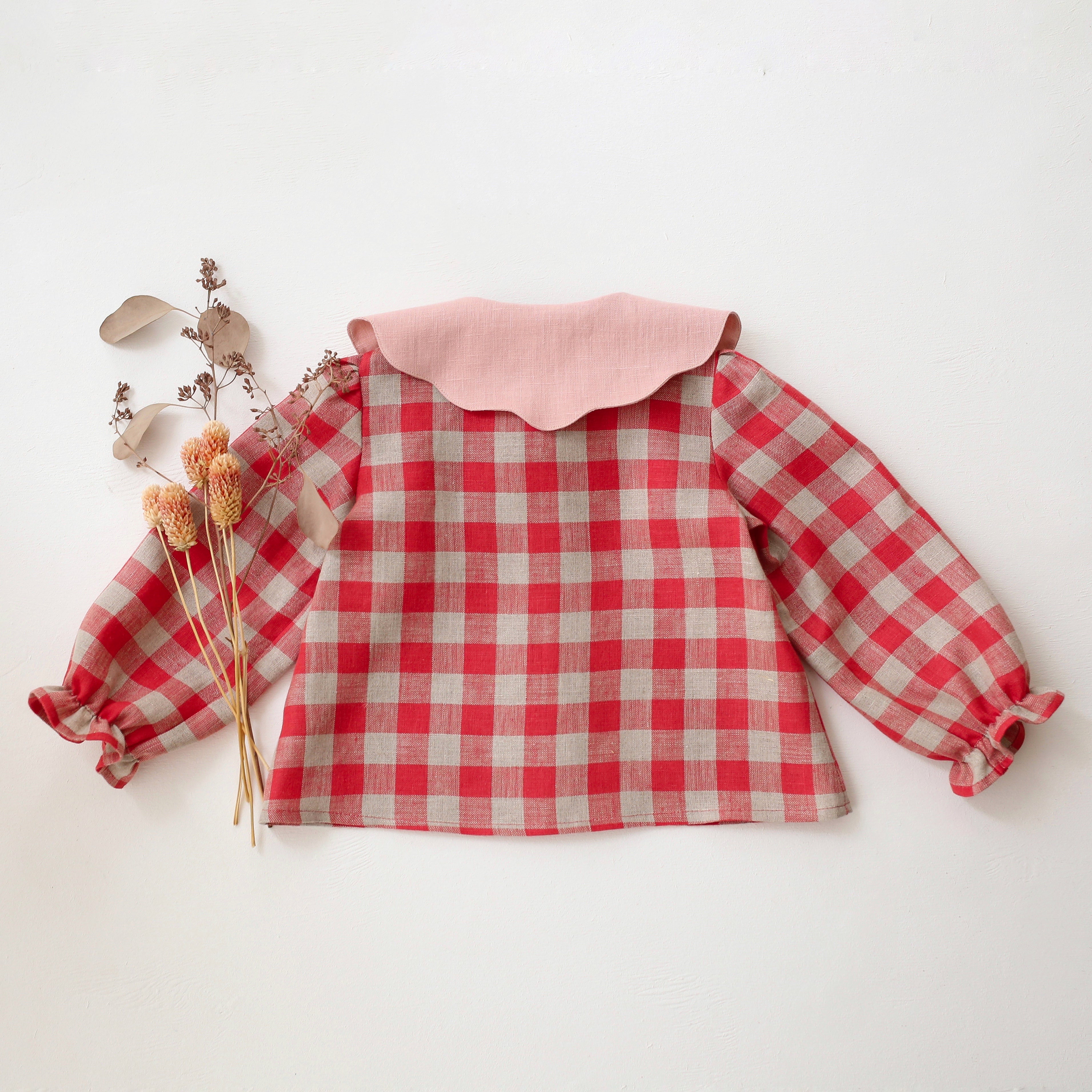 Cherry Check Linen Long Sleeve Button Front Blouse with Petal Collar in Powder Linen with “Cherry” Embroidery
