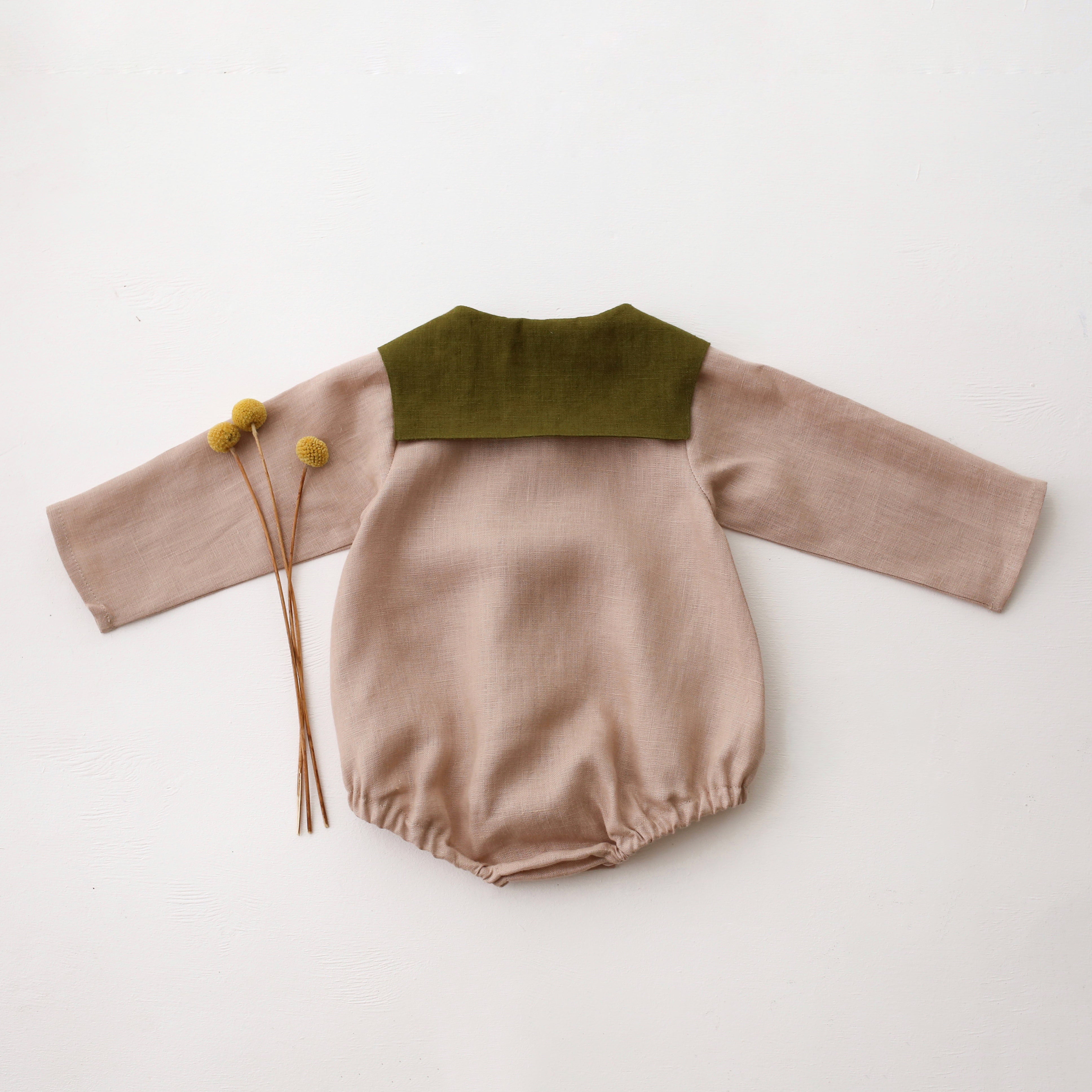 Beige Linen Long Sleeve Bubble Onesie with Square Collar in Pine Linen with "Little Fox" Embroidery