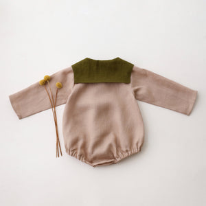 Beige Linen Long Sleeve Bubble Onesie with Square Collar in Pine Linen with "Little Fox" Embroidery