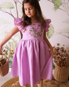 Wisteria Linen Flutter Sleeve Square Neckline Dress with "Wildflowers with Butterfly" Embroidery