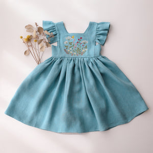 Duck Egg Blue Linen Flutter Sleeve Square Neckline Dress with "Wildflowers with Butterfly" Embroidery
