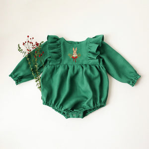 Emerald Green Linen Long Sleeve Ruffle Bubble Playsuit with "Christmas Bunny" Embroidery