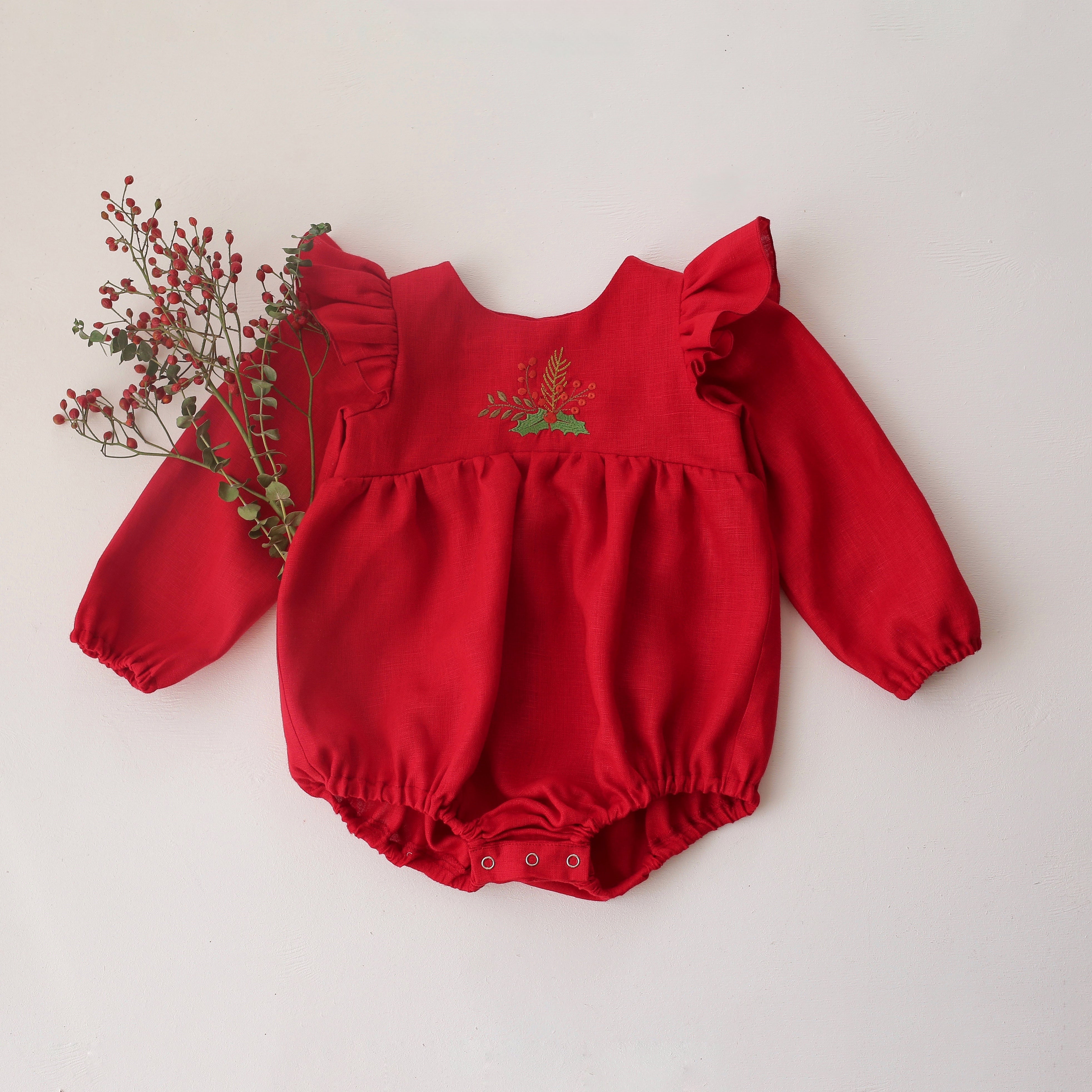 Scarlet Red Linen Full Length Flutter Sleeve Bubble Playsuit with "Christmas Holly Bouquet" Embroidery