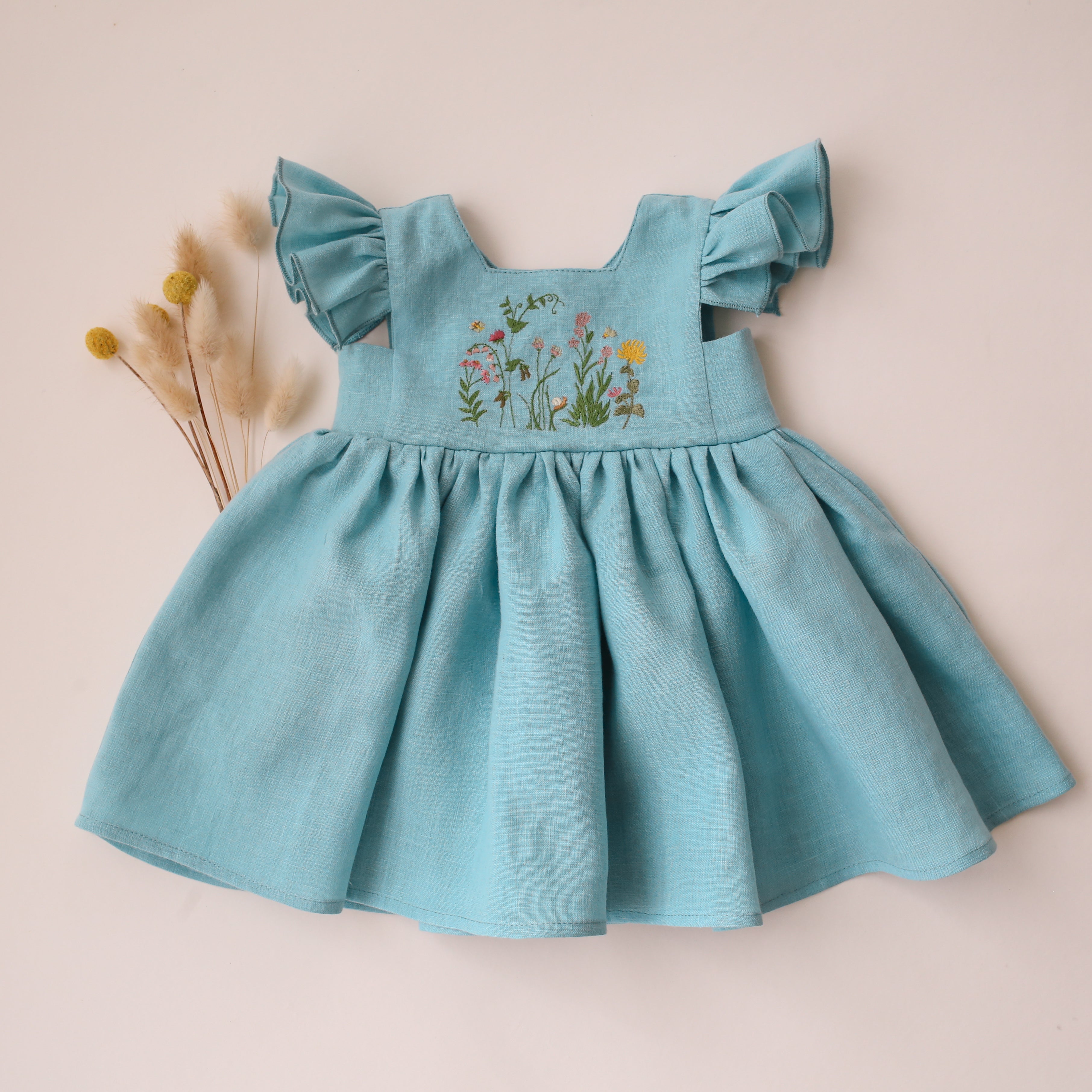 Duck Egg Blue Linen Flutter Sleeve Square Neckline Dress with "Fairy Wildflowers" Embroidery