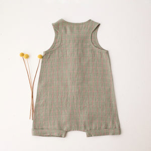 Mint & Pink Check Linen Short Legs Tank Jumpsuit with “Mini Flowers” Embroidery