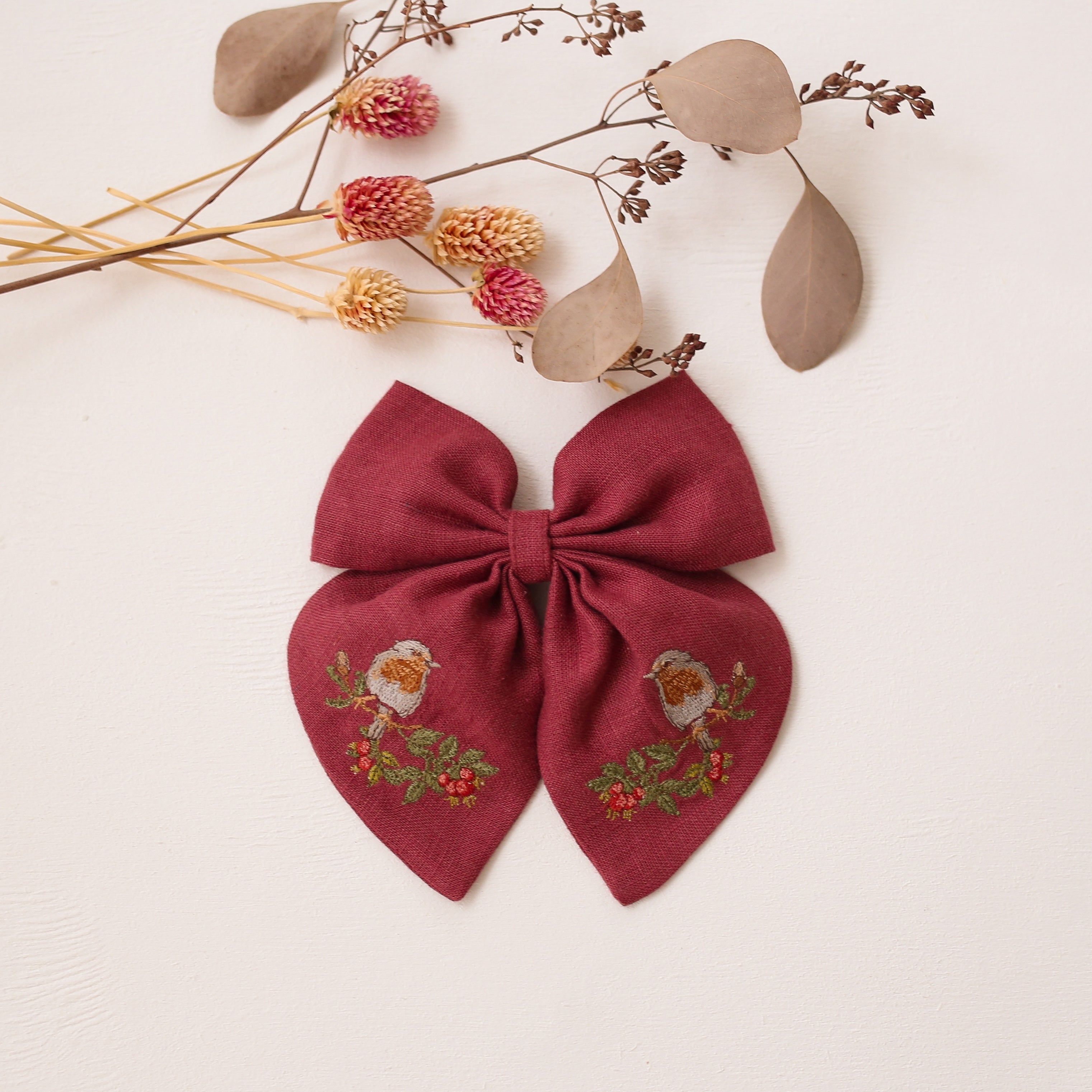 Embroidered Hair Bow with "Bird on Berry Branch" Embroidery in Rosewood Linen