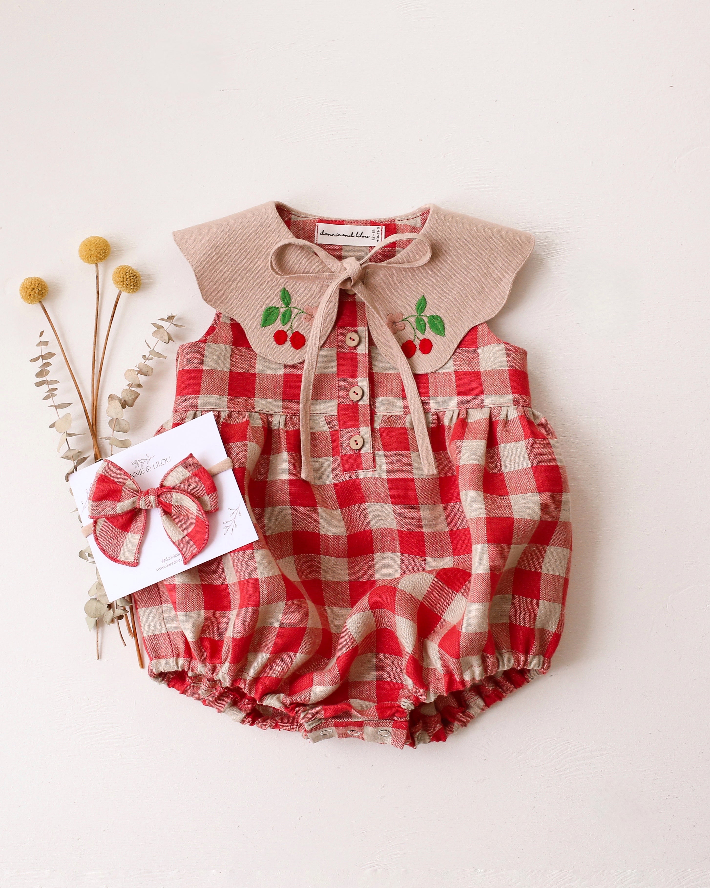 Mini Whimsy Hair Bow in Cherry Check Linen